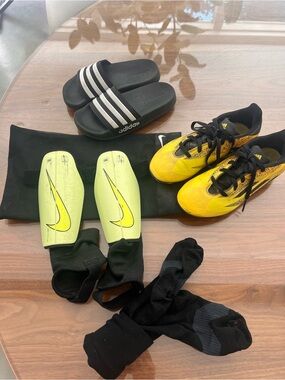 Adidas Lionel Messi Kids soccer cleats, Adidas slides,Nike shin pads soccer ball